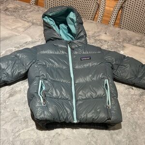 Patagonia Charcoal Puffer Jacket with Aqua Details